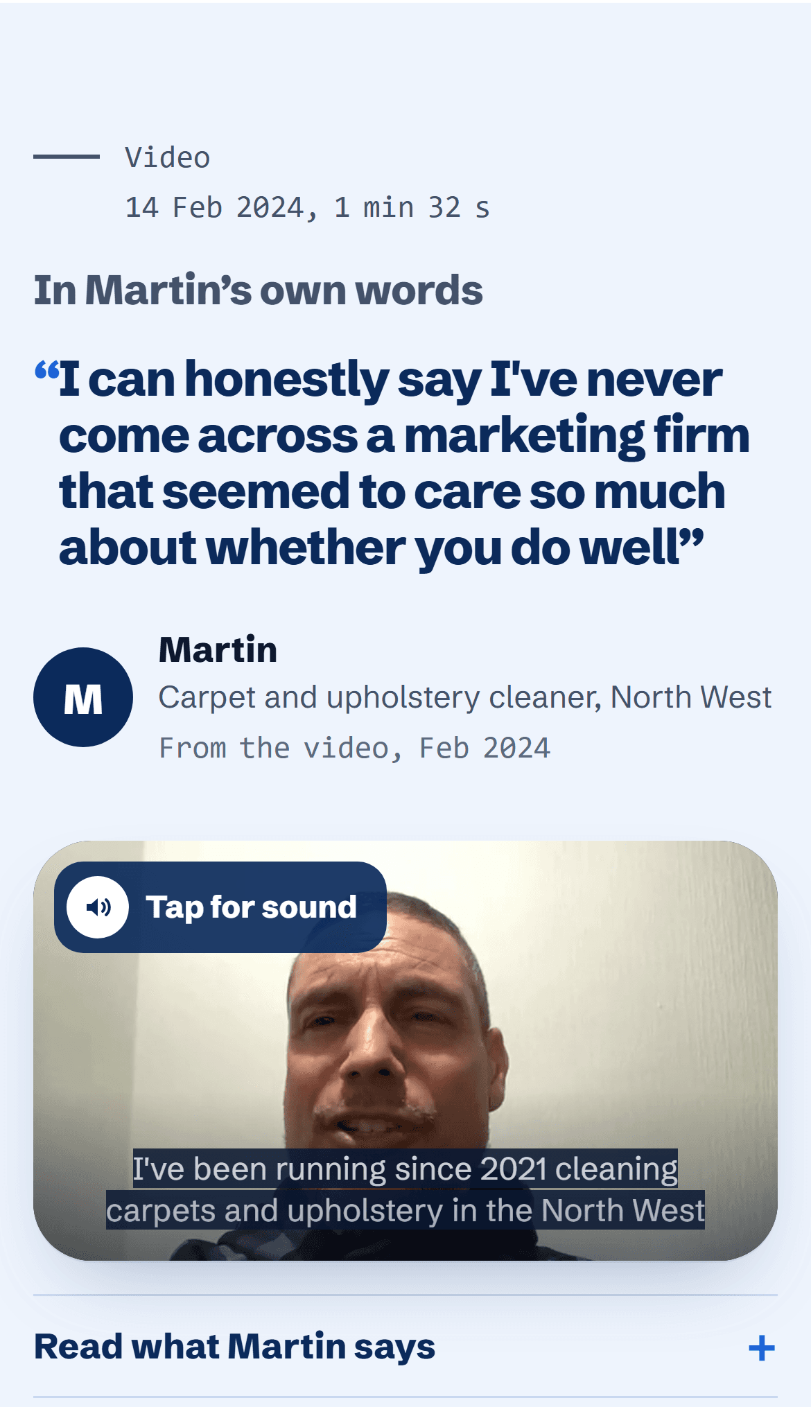 A captioned client video testimonial on one of our pages, shown on a phone