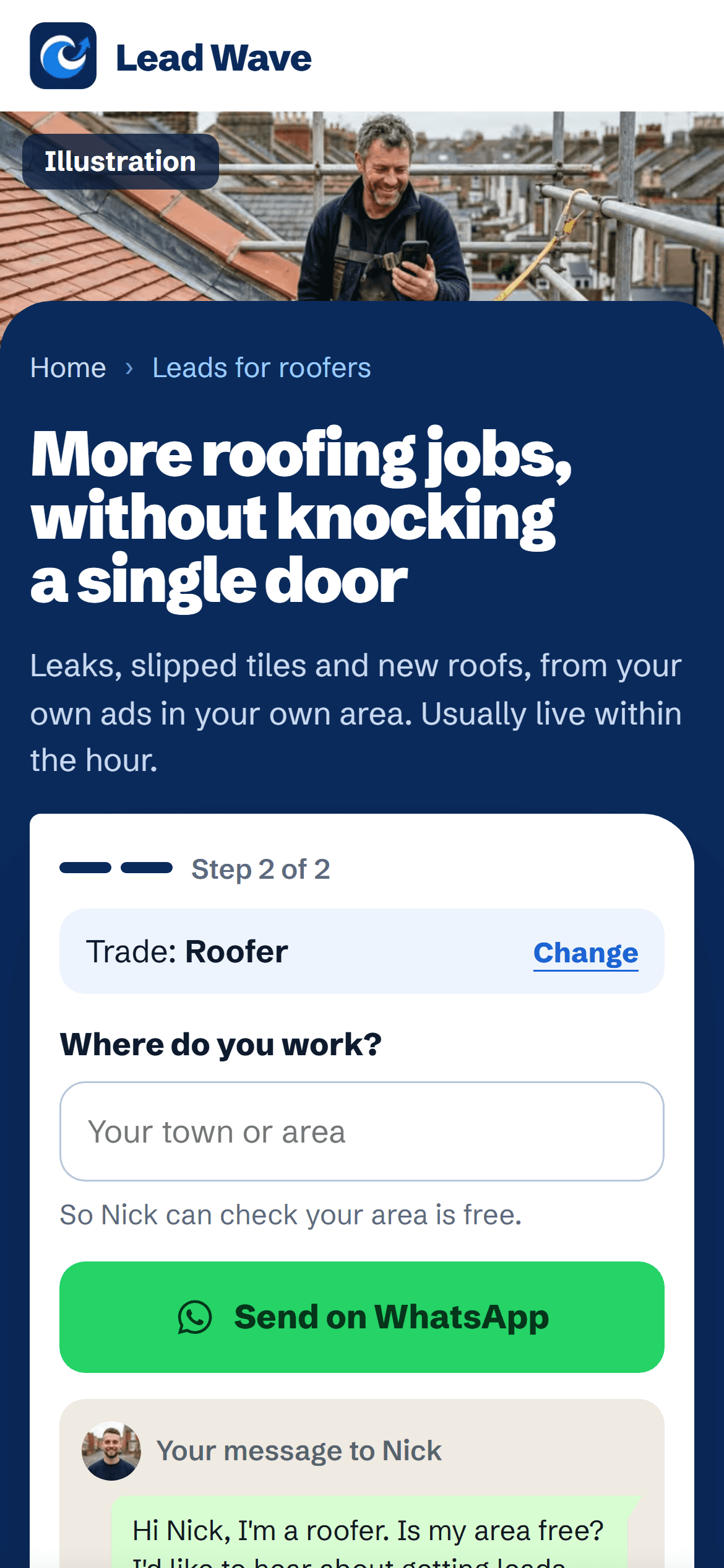 The roofers page on a phone