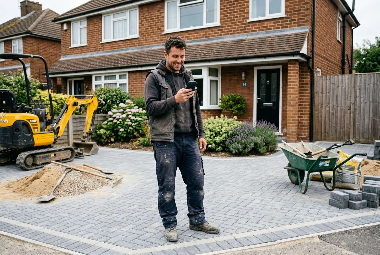 Illustration: a driveway installer on a new block-paved drive reading a new enquiry