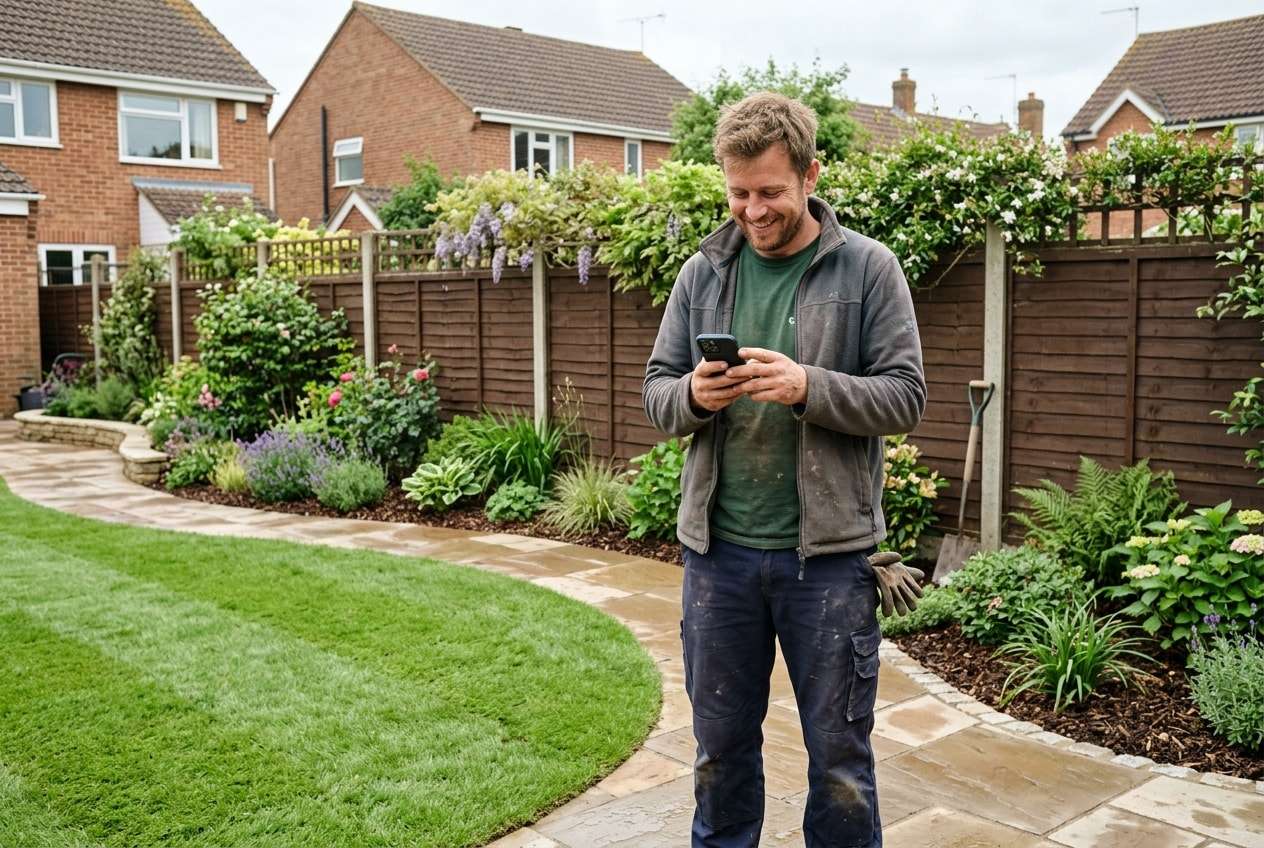 Illustration: a landscaper in a finished garden reading a new enquiry